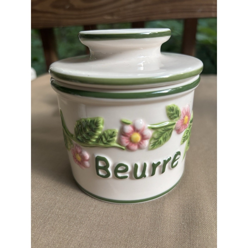 Vintage Butter Bell Crock French Beurre Embossed Pink Green Flowers L. Tremain - Picture 2 of 8